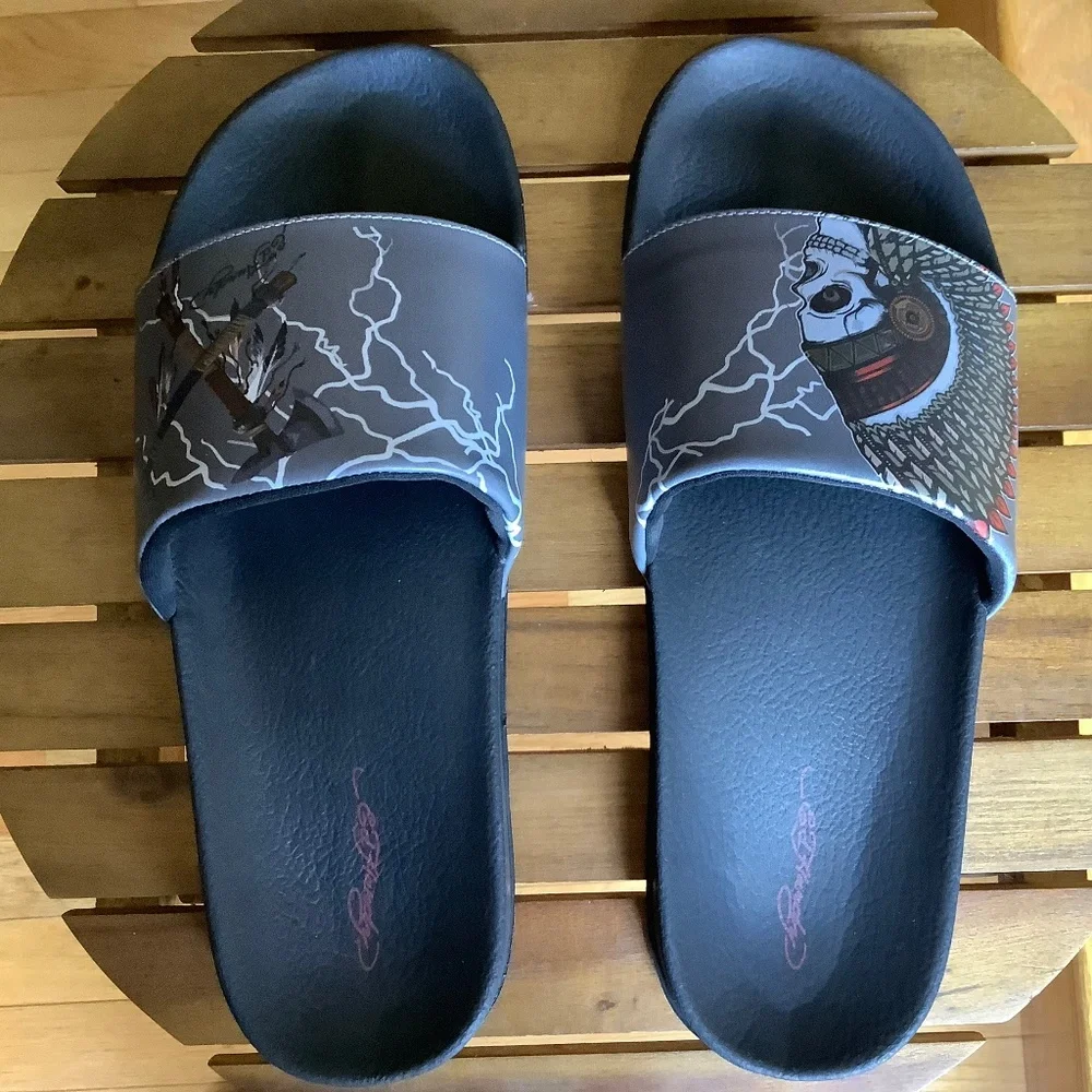 Ed Hardy Leather Slide Sandals SZ 12 Black